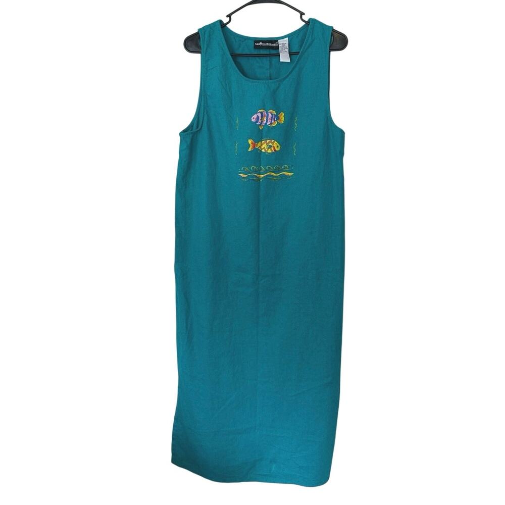 Sag Harbor VTG 90s Sleeveless Linen Blend Midi Dress Size‎ 14 Teal Fish Graphic